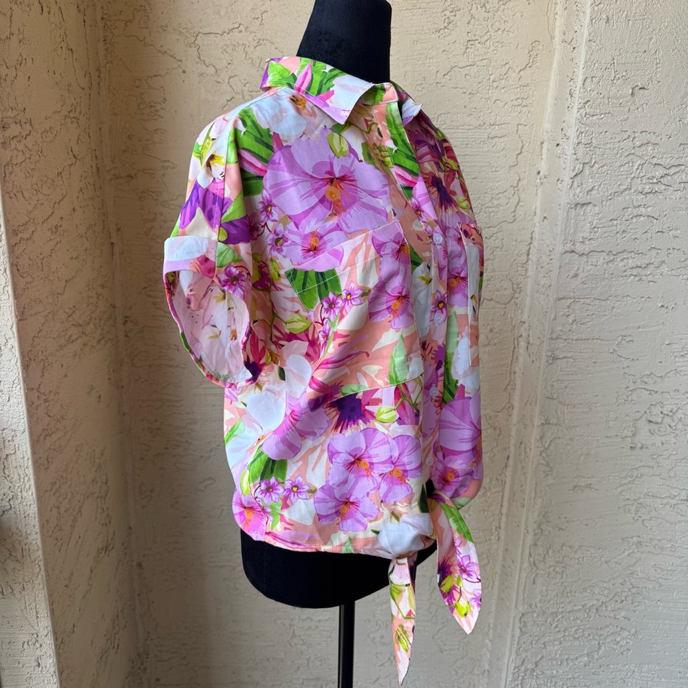Boston Proper Cabo Fleurs Print Shirt Sz M Multicolor Versatile Short Sleeve - Picture 5 of 12